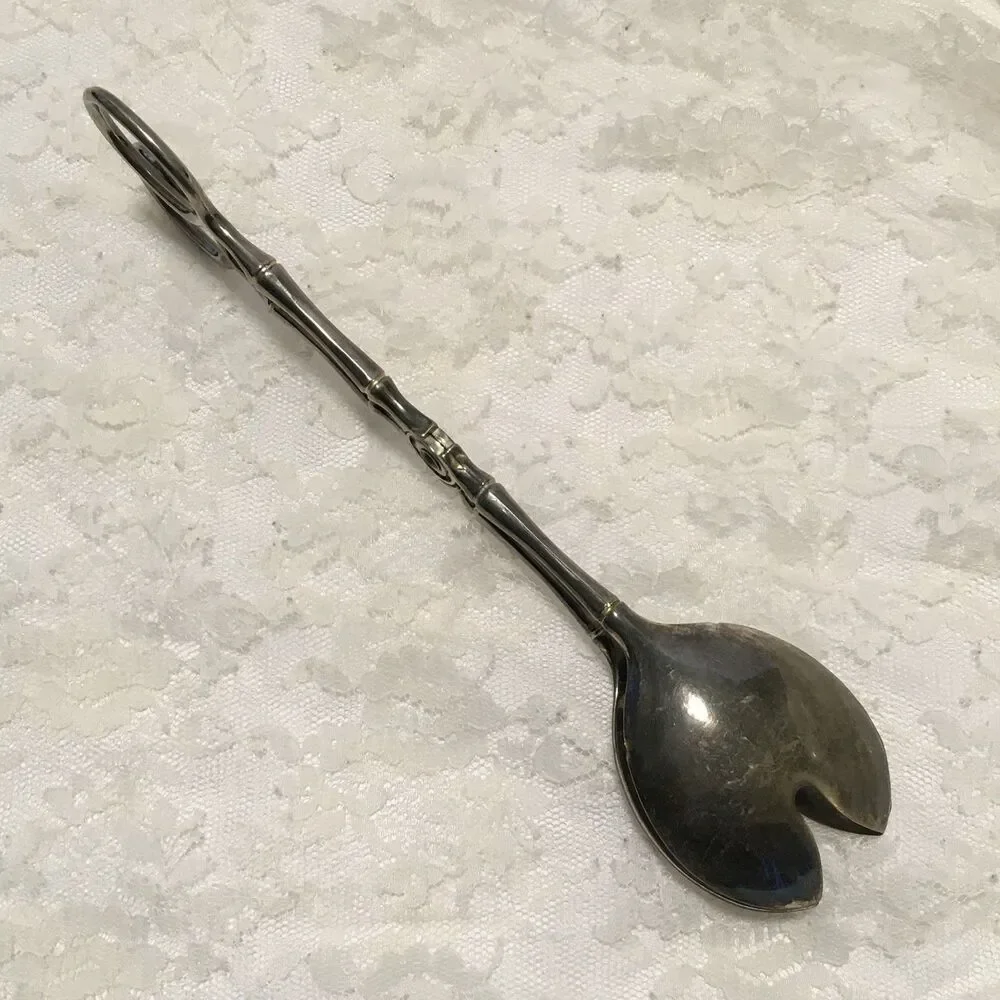 Vintage Bamboo Handle Salad Serving Tongs marked Italy Bamboo Silver Tone 9.5